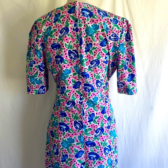 Vintage 1980s Pink Polka Dot Floral Cocktail Dress Sz 10 - Picture 5 of 12